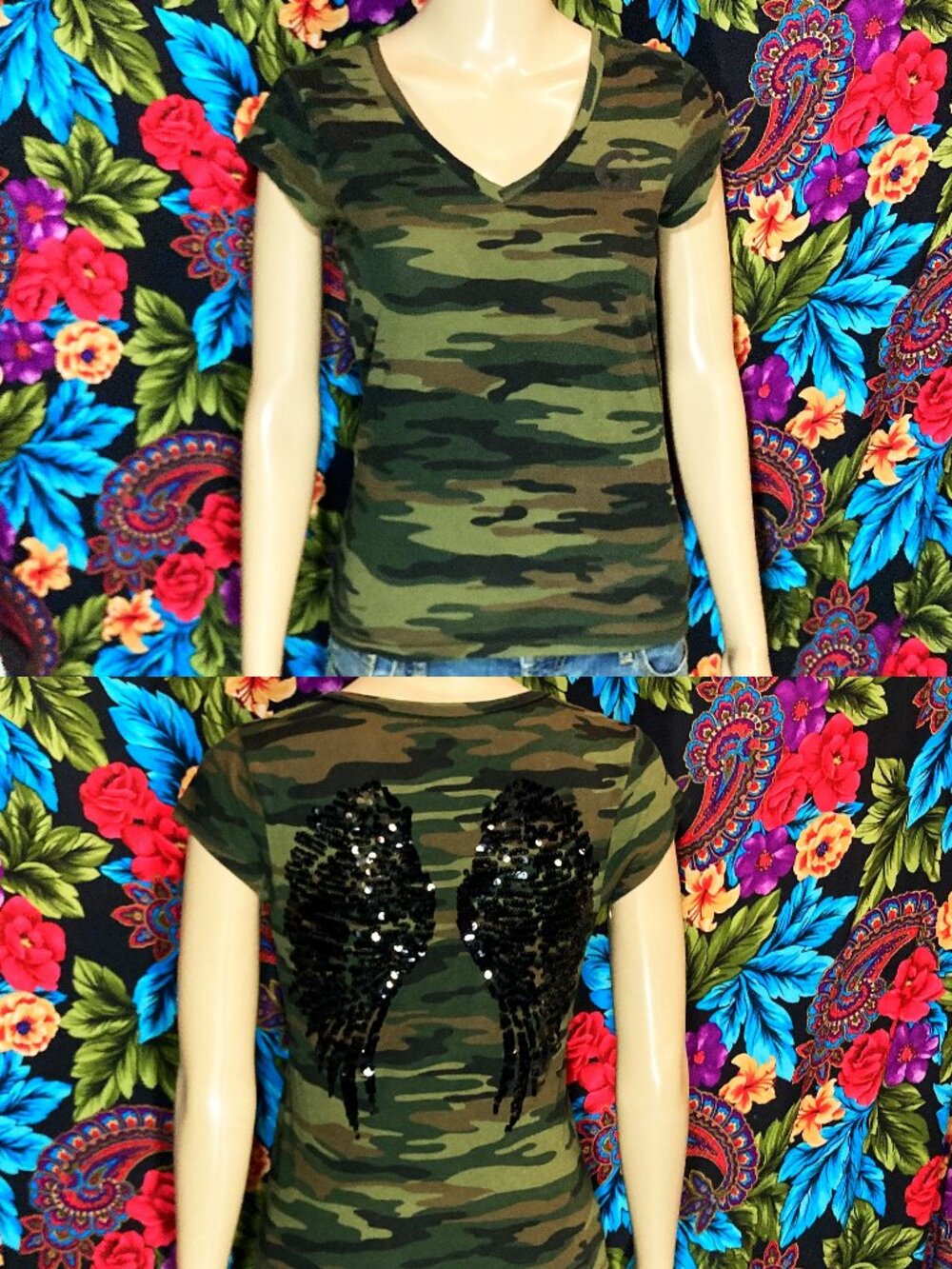 WOMEN'S GBG SHIRT V-NECK TOP SEQUINS ANGEL WINGS BACK CAMO WOMENS SIZE X-SMALL
